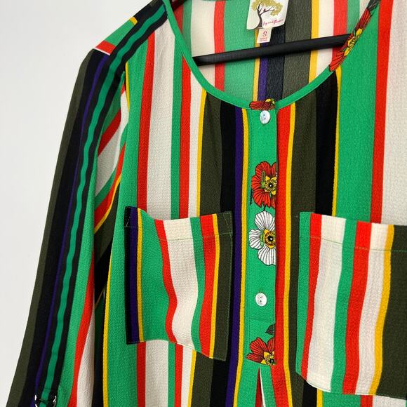 Fig & Flower Womens Size Small Green Floral Stripe Blouse Shirt Top Boho Summer - Picture 4 of 9